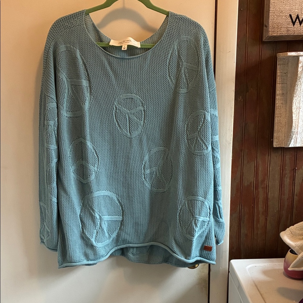Peace Love World Light Blue Textured Peace Sign Long Sleeve Top